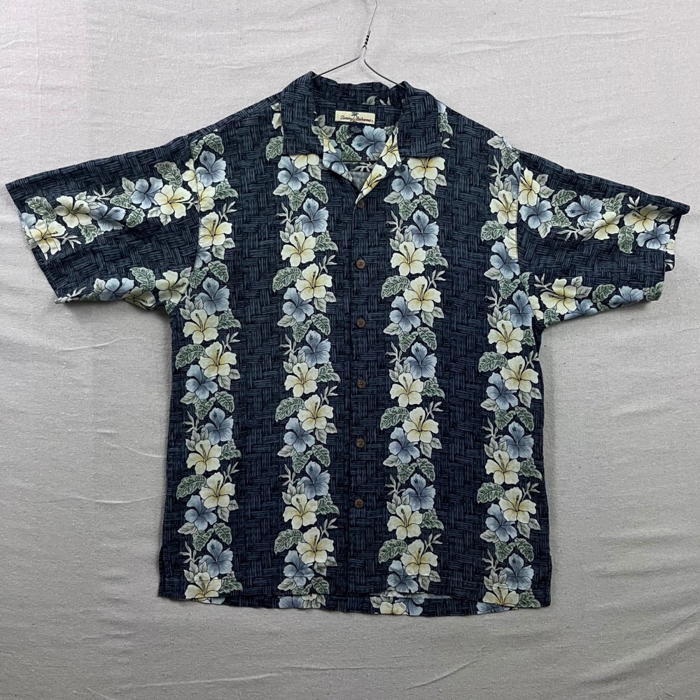 Tommy Bahama Silk Camp Shirt Mens Medium Navy Blue Hibiscus Floral Stripe